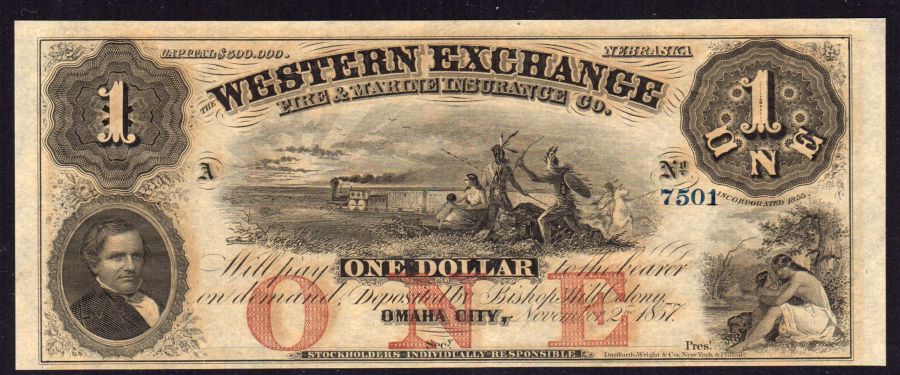 Omaha City, Nebraska 1857 $1, Western Exchange Fire & Marine Insurance Co., SN 7501 Remainder, GemCU